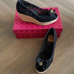 Tory Burch black wedge open toe size 10